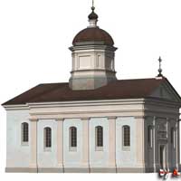 Радуга (Веткаўскi раён). Графiчная рэканструкцыя былога касцёла езуiтаў. Выглад па перабудове на праваслаўную царкву напрыканцы XIXст. 3D мадэль, фотамантаж by A. Nevar. 2019г