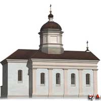 Радуга (Веткаўскi раён). Графiчная рэканструкцыя былога касцёла езуiтаў. Выглад па перабудове на праваслаўную царкву напрыканцы XIXст. 3D мадэль, фотамантаж by A. Nevar. 2019г