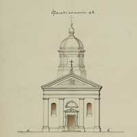 Радуга (Веткаўскi раён). Выява галоўнага фасада касцёла езуiтаў. Выглад па перабудове на праваслаўную царкву напрыканцы XIXст. Выявы з абмерных чарцяжоу з архiву А. Астаповiча