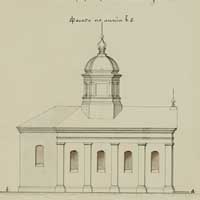 Радуга (Веткаўскi раён). Выява галоўнага фасада касцёла езуiтаў. Выглад па перабудове на праваслаўную царкву напрыканцы XIXст. Выявы з абмерных чарцяжоу з архiву А. Астаповiча