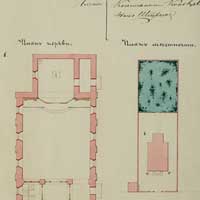 Радуга (Веткаўскi раён). Выява галоўнага фасада касцёла езуiтаў. Выглад па перабудове на праваслаўную царкву напрыканцы XIXст. Выявы з абмерных чарцяжоу з архiву А. Астаповiча