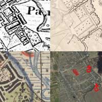 Радуга (Веткаўскi раён). Месцазнаходжанне былога мураванага касцёла езуiтаў (пазней праваслаўнай царквы) i другой драўлянай праваслаўнай царквы на мапах розных часоў у параўнаннi з сучасным становiшчам на спадарожнiкавым здымку. Фотамантаж by A. Nevar. 2019г 