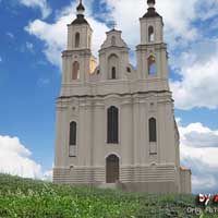 Гайна. Графiчная рэканструкцыя былога касцёла Унебаўзяцця Найсвяцейшай Панны Марыі (выгляд на пачатак XXст., па пазнейшай перабудове пад праваслаўную царкву). 3D мадэль, фотамантаж - А. Невар. 2017г.