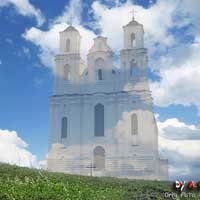 Гайна. Графiчная рэканструкцыя былога касцёла Унебаўзяцця Найсвяцейшай Панны Марыі (выгляд на пачатак XXст., па пазнейшай перабудове пад праваслаўную царкву). 3D мадэль, фотамантаж - А. Невар. 2017г.