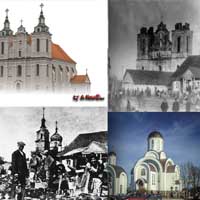 Iвянец (Валожынскi раён). Гiпатэтычная графiчная рэканструкцыя фарнага касцёла св. Тройцы i эвалюцыя зменаў вонкавага выгляду бажнiцы на працягу стагоддзя. 
		1Выглад па апошняй перабудове XIXст. 3D-мадэль by А. Nеvar 2018г.; 
		2.Выгляд пачатку XXст. пасля пажару 1888г.; 3.Выгляд царквы (пасля 1914г.) на месцы разабранага касцёла, была разабрана ў 1952г.; 4.Сучасны стан. Царква Ефрасіннi Полацкай, пабудаваная ў 1998г.