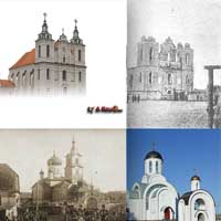 Iвянец (Валожынскi раён). Гiпатэтычная графiчная рэканструкцыя фарнага касцёла св. Тройцы i эвалюцыя зменаў вонкавага выгляду бажнiцы на працягу стагоддзя. 
		1Выглад па апошняй перабудове XIXст. 3D-мадэль by А. Nеvar 2018г.; 
		2.Выгляд пачатку XXст. пасля пажару 1888г.; 3.Выгляд царквы (пасля 1914г.) на месцы разабранага касцёла, была разабрана ў 1952г.; 4.Сучасны стан. Царква Ефрасіннi Полацкай, пабудаваная ў 1998г.