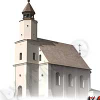 Койданава (Дзяржынск). Графiчная рэканструкцыя кальвiнскага збора на тэрыторыi былога Койданаўскага замка. Выгляд на пачатак XXст. 3D мадэль, фотамантаж - А. Невар. 2017г.