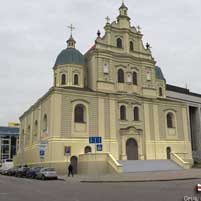 Менск. Касцёл Святога Тамаша Аквінскага былога дамініканскага кляштару. Графiчная рэканструкцыя. Колер умоўны. 3D Мадэль, фотамантаж - А. Невар, 
		Арыгiнальнае фота - Ул. Садоўскi