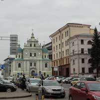 Менск. Касцёл Святога Тамаша Аквінскага былога дамініканскага кляштару. Графiчная рэканструкцыя. Колер умоўны. 3D Мадэль, фотамантаж - А. Невар, 
		Арыгiнальнае фота - Ул. Садоўскi