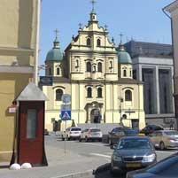 Менск. Касцёл Святога Тамаша Аквінскага былога дамініканскага кляштару. Графiчная рэканструкцыя. Колер умоўны. 3D Мадэль, фотамантаж - А. Невар, 
		Арыгiнальнае фота -  К. Хозевiч