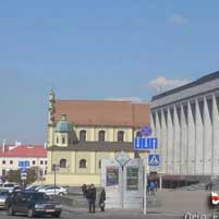 Менск. Касцёл Святога Тамаша Аквінскага былога дамініканскага кляштару. Графiчная рэканструкцыя. Колер умоўны. 3D Мадэль, фотамантаж - А. Невар, 
		Арыгiнальнае фота - К. Хозевiч