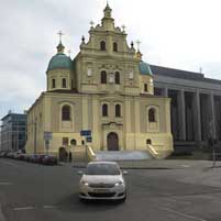 Менск. Касцёл Святога Тамаша Аквінскага былога дамініканскага кляштару. Графiчная рэканструкцыя. Колер умоўны. 3D Мадэль, фотамантаж - А. Невар, 
		Арыгiнальнае фота - К. Хозевiч