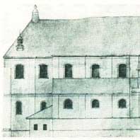 Менск. Касцёл Святога Тамаша Аквінскага кляштара дамініканцаў. Бакавы фасад. Апублiкавана - Нацыянальны музэй у Варшаве (З асабістага збору Рышарда Віске). Электронны рэсурс - wikipedia.org