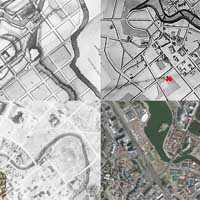 Менск. Выява былога касцёла i галоўнага корпуса кляштару бенедыктынак (пазначаны чырвоным) на старадаўнiх мапах горада (праектнай мапе развiцця горада 1793-1800г. з нанесеным сiтуацыйным планам у межах гарадскiх валоў арх. Т. Крамера i праектнай мапе 1809г. (Чантурия Ю. Градостроительное искусство Беларуси. Мн.: Белорусская наука, 2005г.)) у параўнаннi з месцазнаходжаннем на аэрафотаздымках часоў Другой сусветнай вайны (1943г. з фрагментам 1941г.) i сучасным аэрафотаздымку Яндэкс. Фотамантаж by A. Nevar, 2020г.