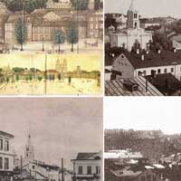 Менск. Выявы былога касцёла Святога Войцэха кляштару бенедыктынак на малюнку i архiўных фота пачатку XXст. пасля перабудовы на царкву Спаса-Праабражэнскага жаночага манастыра. калаж з паштоўкi 1901г. (delcampe net), фота С. М. Пракудзіна-Горскага 1912г. (Российская империя в цвете на veinik by), 1925г. (Куркоў І. Мінск незнаёмы. 1920—1940. — Менск: Ураджай, 2002. С. 118.)