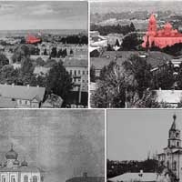 Менск. Выявы былога касцёла Святога Войцэха кляштару бенедыктынак на гравюры i архiўных фота пачатку XXст. пасля перабудовы на царкву Спаса-Праабражэнскага жаночага манастыра. Калаж з выяў на фота 1909г., (St. Trepka, Tygodnik Wilenski. Nr. 13, 1911. S. 8. Swiat. Nr. 31, 1909. S. 8.), гравюры каля 1890г. (Слюнькова И. Н. Храмы и монастыри Беларуси XIX века в составе Российской империи: Пересоздание наследия. М.: Прогресс-Традиция, 2010), фота 1904г. (Менская Спадчына, эл. архіў).