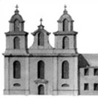 Менск. Схематычная выява галоўнага фасада касцёла Святога Войцэха i корпуса кляштару бенедыктынак. Крынiца - Чарцёж з Атласа Менскай губерні губернскага архітэктара Тэадора Крамера, 1800г., Апублiкавана - Каталіцкія святыні. Мінска-Магілёўская архідыяцэзія. Ч. 1. Будслаўскі, Вілейскі і Мінскі дэканаты / Тэкст і фота А. Яроменкі. — Менск: Про Хрысто, 256 с., 2003г.