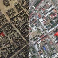 Менск. Выява былога касцёла i галоўнага корпуса кляштару бенедыктынак (пазначаны чырвоным) на аэрафотаздымку горада часоў Другой сусветнай вайны (чэрвень 1941г.) ў сумяшчэннi з месцазнаходжаннем плямы забудовы на сучасным аэрафотаздымку Яндэкс. Фотамантаж by A. Nevar, 2020г. 