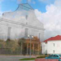 Нясвiж. Гiпатэтычная графiчная рэканструкцыя касцёла Св. Кацярыны былога кляштара бернардзiнцаў. Выгляд на перыяд пачатку XIX ст. (перабудова пасля пажару 1793г.) 3D мадэль, фотамантаж - А. Невар. 2017г.