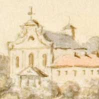 Нясвiж. Пагарама горада з акварэлi Н. Орды (1876г.). Выява былога касцёла Св. Кацярыны кляштара бернардзiнцаў, перабудаванага у праваслауную царкву. Апублiкавана - форум Глобус Беларусi (fgb.by) Электронны рэсурс - https://upload.wikimedia.org