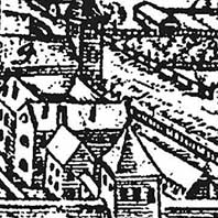 Нясвiж. Панарама горада з боку замка на гравюры Томаша Макоускага. Выява былога касцёла Св. Кацярыны кляштара бернардзiнцаў. Выгляд на перыяд пачатку XVII ст. (1604 г.) З левага боку - параўнанне з выявай на піктаграфічнай карце XVIII ст. Электронны рэсурс - https://upload.wikimedia.org/