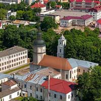 Нясвiж. Графiчная рэканструкцыя касцёла Св. Яўхiмii кляштару бенедыктынак. Выгляд пасля рэканструкцыi першай паловы XVIIIст.3D мадэль, фотамантаж by A. Nevar, 2020г. Арыгiнальныя фота - С. Плыткевiч 