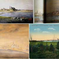 Нясвiж. Выява касцёла Св. Яўхiмii i кляштару бенедыктынак на панараме горада (з верхняга боку, леворуч). Калаж з мастацкiх твораў XIXст. - Юзафа Пешкi (каля 1800г.), Дзмiтрыя Струкава (1863г.), Наполеона Орды (1876г.) i каляровым фота на паштоўцы з архiву Biblioteka Narodowa. Poczt.17159 