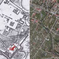 Нясвiж. Выява касцёла Св. Яўхiмii i кляштару бенедыктынак (пазначаны чырвоным колерам) на старажытнай мапе горада пачатку XIXст. у сумяшчэннi з месцазнаходжаннем на сучасным аэрафотаздымку Яндэкс з пазначэннем гарадскiх умацаванняў i бастыёнаў. Фотамантаж by A. Nevar, 2019г.