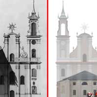 Бабруйск. Графiчная рэканструкцыя былога езуiцкага касцёла. 3D мадэль, фотамантаж - А.Невар, 2016г; Параўнанне галоўнага фасада касцёла з абмерных чарцяжоў з сучасным станам будынка (пасля перабудовы 1818-19гг.)