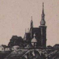 Бабруйск. Панарама горада да будаўнiцтва фартэцыi Выява былога езуiцкага касцёла. (званiца вежы з правага боку фота) Фота да 1810г. Электронны рэсурс - https://upload.wikimedia.org/wikipedia/commons/2/2e/Babrujsk%2C_Biarezina._Бабруйск%2C_Бярэзіна_%281810%29.jpg