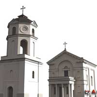 Быхаў. Графiчная рэканструкцыя былога касцёла канонiкаў латэранскiх пад тытулам Беззаганнага Зачацця Найсвяцейшай Дзевы Марыі, Св. Казiмiра i Св. Аўгусцiна. Выгляд на пачатак XXст.; 3d мадэль, фотамантаж by А.Невар, 2019г.