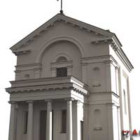 Быхаў. Графiчная рэканструкцыя былога касцёла канонiкаў латэранскiх пад тытулам Беззаганнага Зачацця Найсвяцейшай Дзевы Марыі, Св. Казiмiра i Св. Аўгусцiна. Выгляд на пачатак XXст.; 3d мадэль, фотамантаж by А.Невар, 2019г.