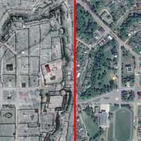 Быхаў. Сумяшчэнне плана горада 1781г. з сучасным аэрафотаздымкам з пазначэннем былога касцёла канонiкаў латэранскiх пад тытулам Беззаганнага Зачацця Найсвяцейшай Дзевы Марыі, Св. Казiмiра i Св. Аўгусцiна (касцёл i званiца пазначаны чырвоным). Фотамантаж by А.Невар, 2019г.