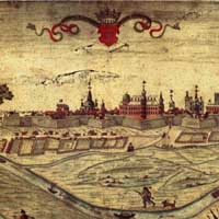 Быхаў. Выява панарамы горада з боку ракi між 1648 і 1654гг.; крынiiца - Волкаў М. Панарама Старога Быхава другой паловы XVII ст. [Panorama of Stary Bychau from the Second Part of 17th Century] // Беларускі гістарычны часопіс. – 2013. – №5. – С. 16-24., апублiкавана - старонка М. Волкава на www. wouk.livejournal. com