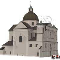 Глуск (Глуск-Дубровiцкi). Графiчная рэканструкцыя былога касцёла бернардзiнцаў на тэрыторыi Глускага замка. 3D мадэль - А. Невар. 2017г.