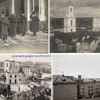 Магiлеў. Выява Богаяўленскай царквы Магілёўскага Богаяўленскага манастыра ад званiцы i са званiцы (верхнiя фота) спасскага манастыра (да 1918г.) i з ратушы (нiжнiя фота) па Другой сусветнай вайне i пасля (1942г., 1976г.). Апублiкавана - Давід Алег Лісоўскі, Фотагісторыя Магілёва (mogilev-history.blogspot.com)