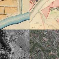 Магiлеў. Выявы Богаяўленскай царквы Магілёўскага Богаяўленскага манастыра (пазначаны чырвоным) на старадаўнiх мапах горада (1778г. i 1820г) у параўнаннi з выявамi на аэрафотаздымках часоў Другой сусветнай вайны (1943г.) i cучасным аэрафотаздымке Яндэкс. Фотамантаж by A. Nevar, 2020г. 