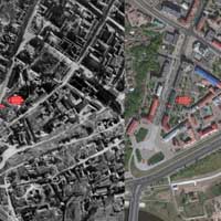 Магiлеў. Месцазнаходжанне Богаяўленскай царквы Магілёўскага Богаяўленскага манастыра (пазначаны чырвоным) на аэрафотаздымку часоў Другой сусветнай вайны (1943г.) у параўнаннi з сучасным аэрафотаздымкам Яндэкс. Фотамантаж by A. Nevar, 2020г.