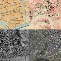 Магiлеў. Выявы Спаса-Праабражэнскай царквы Магілёўскага Спаскага манастыра (пазначаны чырвоным) на старадаўнiх мапах горада (1778г. i 1820г) у параўнаннi з выявамi на аэрафотаздымках часоў Другой сусветнай вайны (1943г., выявы з прыватнай калекцыi Фотагісторыя Магілёва (mogilev-history.blogspot.com) by Давід Алег Лісоўскі i cучасным аэрафотаздымке Яндэкс. Фотамантаж by A. Nevar, 2020г.