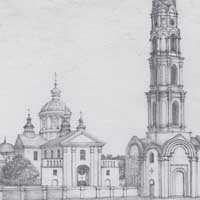 Пустынкi (Мсцiслаўскi раён) Панарама Пустынкаўскага Свята-Успенскага манастыра (па цэнтры -Успенскi сабор). Малюнак з фота пачатку XXст. ( да 1914г).