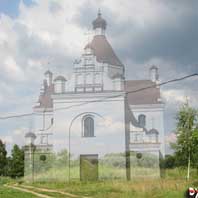 Месца Шклоўскае (Рыжкавiчы). Графiчная рэканструкцыя рынкавай (Ўваскрасенскай) царквы. 3D мадэль, фотамантаж - А. Невар. Арыгiнальнае фота - А. Грудзiна 2017г.