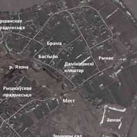 Месца Шклоўскае (Рыжкавiчы). Сумяшчэнне аб'ектаў з агульнай панарамы месца Шклоўскага на малюнку XVIIIст.(пасля пажару 1769 г.) з сучасным аэрафотаздымкам. Апублiкавана - Артыкул на старонцы Мiколы Волкава ў Livejournal (http://wouk.livejournal.com/20882.html)