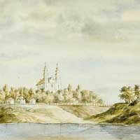 Даўгаўпілс (Дынабург, Дзвiнск, Daugavpils). Выява былога езуiцкага касцёла. Выгляд пасля перабудовы пад праваслаўны гарнізонны сабор фартэцыi. Акварэль Напалеона Орды (1875г.) Крынiца - Muzeum Narodowe w Krakowie, Электронны рэсурс - https://commons.wikimedia.org/wiki/