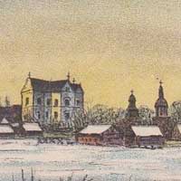 Любешыў, або Любяшоў (Валынская вобласць Украiны, былое магдэбургскае мястэчка гістарычнай Піншчыны) Выява касцёла Св. Яна Евангелiста кляштару пiяраў на панараме мястэчка. Фота пачатку XXст. (да 1918г.) Крынiца - iнтэрнэт-аукцыён ebay de. Электронны рэсурс - https://commons.wikimedia.org/wiki/