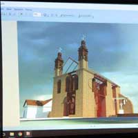 Мельнiк (Падляшша, Rzeczpospolita Polska) Выява былога замкавага Троiцкага касцёла з прэзентаванага праекта рэвiталiзацыi Замкавай Гары. Аўтар праекта - прафесар Беластоцкага Полiтэхнiчнага Унiверсiтэта Ежы Усцiновiч; Апублiкавана - артыкул рэгiянальнага iнфармацыйнага парталу podlasie24 pl; спасылка - 
http://podlasie24.pl/siemiatycze/region/co-bedzie-z-gora-zamkowa-w-mielniku-25e0d.html