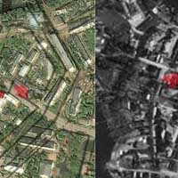 Невель (Пскоўская вобласць РФ) Пасляваенная аэрафотаздымка горада з пазначэннем горадабудаўнiчага ансамбля культавых пабудоў цэнтра у параўнаннi з накладаннем на сучасны аэрафотаздымак цэнтральнай часткi горада плана канца 18ст. Фотамантаж by A. Nevar -2018г.