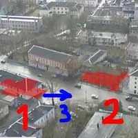 Невель (Пскоўская вобласць РФ) Аэрафотаздымка горада з пазначэннем горадабудаўнiчага ансамбля знiклых культавых пабудоў цэнтральнай часткi горада . Фотамантаж by A. Nevar -2019г.