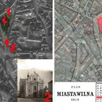 Вiльня (Vilnius, Wilno). Размешчанне касцёла Св. Юзафа Абручнiка (sw. Jozefa Oblubienca) кляштару кармелiтак босых. На мапе горада 1859г. i сучасным аэрафотаздымку Гугл з пазначэннем ракурсаў фотаздымкi другой паловы XIXст. Фотамантаж by А. Nеvar, 2018г.