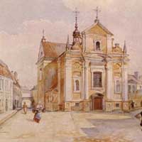 Вiльня (Vilnius, Wilno). Выява касцёла Св. Юзафа Абручнiка (sw. Jozefa Oblubienca) кляштару кармелiтак босых на малюнку Юзафа Балзункевiча (Juozapas Balzukevicius), Крынiца - https://www.wikiwand.com/lt
