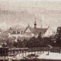 Вiльня (Vilnius, Wilno).Выява касцёла Св. Юзафа Абручнiка (sw. Jozefa Oblubienca) кляштару кармелiтак босых на фрагменце фота В. Захарчыка 1865г. Панарама горада i чыгуначнага вакзала з раёна Новы Свет